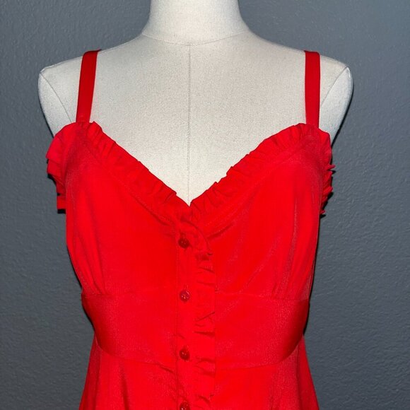 TOPSHOP RED BUTTON UP MAXI DRESS - RUFFLE TRIM - SPAGHETTI STRAPS - EUC - SIZE 6 - Picture 2 of 12